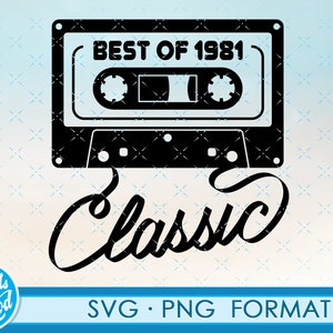 May include: Black and white graphic of a cassette tape with the text "BEST OF 1981" on it. The text "Classic" is written in a cursive font below the cassette tape. The image is on a blue and white background.