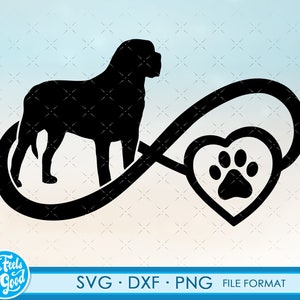 May include: Black silhouette of a dog with a paw print inside a heart shape, all inside an infinity symbol.