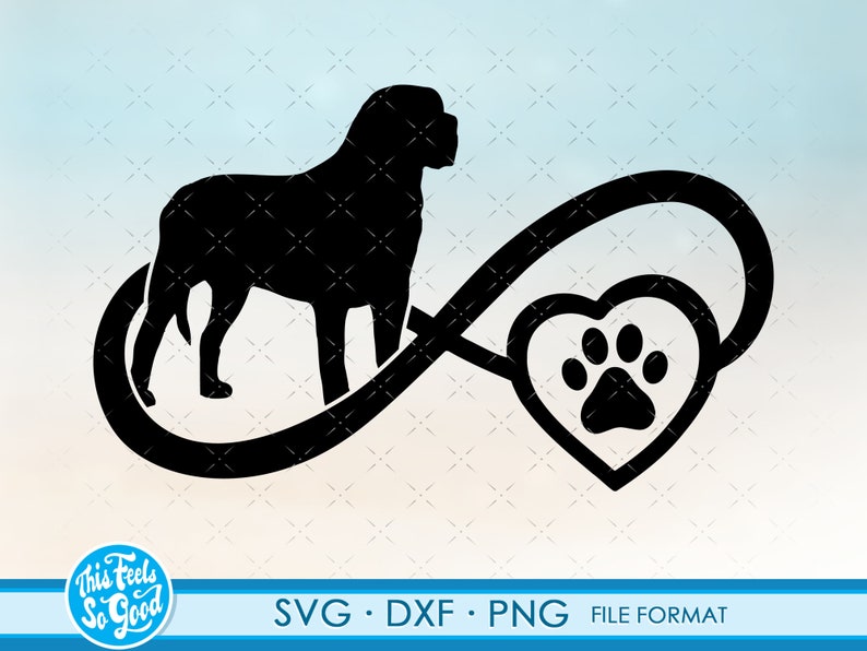 May include: Black silhouette of a dog with a paw print inside a heart shape, all inside an infinity symbol.