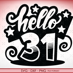 Puede incluir: Diseño gráfico en blanco y negro con el texto "hello 31" y estrellas.
