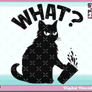 Könnte beinhalten: Schwarze Katzensilhouette mit einem überraschten Ausdruck, die eine Tasse mit auslaufendem Flüssigkeits hält. Der Text "WHAT?" befindet sich über der Katze.