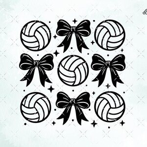 May include: Black and white digital design featuring volleyballs and bows. The design includes six volleyballs and three bows, along with small star and dot accents. Text in the upper right corner reads "Digital Download". The design also includes the text "SVG and PNG FILE FORMAT".