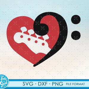 May include: A red heart with a black bass clef and two black dots inside. A white bass guitar headstock is inside the heart.