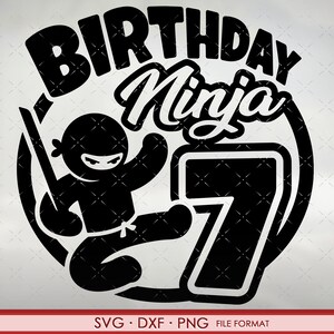 May include: Black and white graphic design featuring a ninja with a sword, the word "Birthday" above "Ninja", and the number "7". The design is in a circular shape. The text "This Feels So Good" is in the bottom left corner.