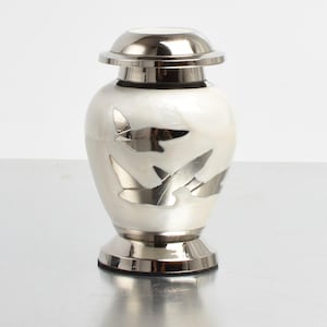 Keepsake Urn for Ashes, Small Metal Memorial Urn, Silver Flying Birds image 1
