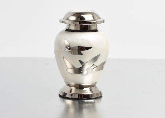 Keepsake Urn for Ashes, Small Metal Memorial Urn, Silver Flying Birds