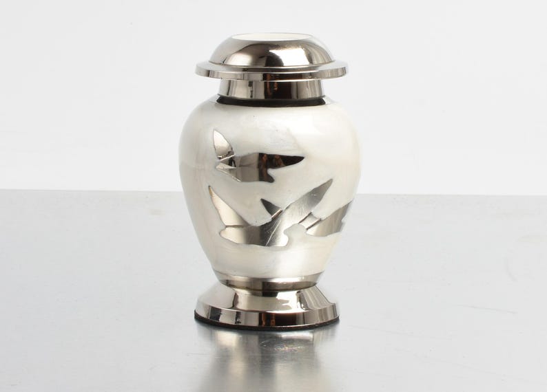 Keepsake Urn for Ashes, Small Metal Memorial Urn, Silver Flying Birds image 1