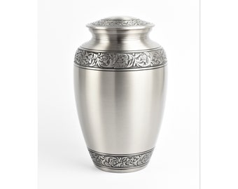Traditional Urn for Ashes Adult, Brass Memorial Urn, Pewter Grey Design