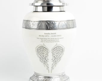 Adult Cremation Urn for Ashes, Large Metal Memorial Urn, Angel Wings Design