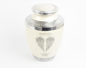 Adult Funeral Cremation Ashes Urn Angel Wings Design in White and Silver