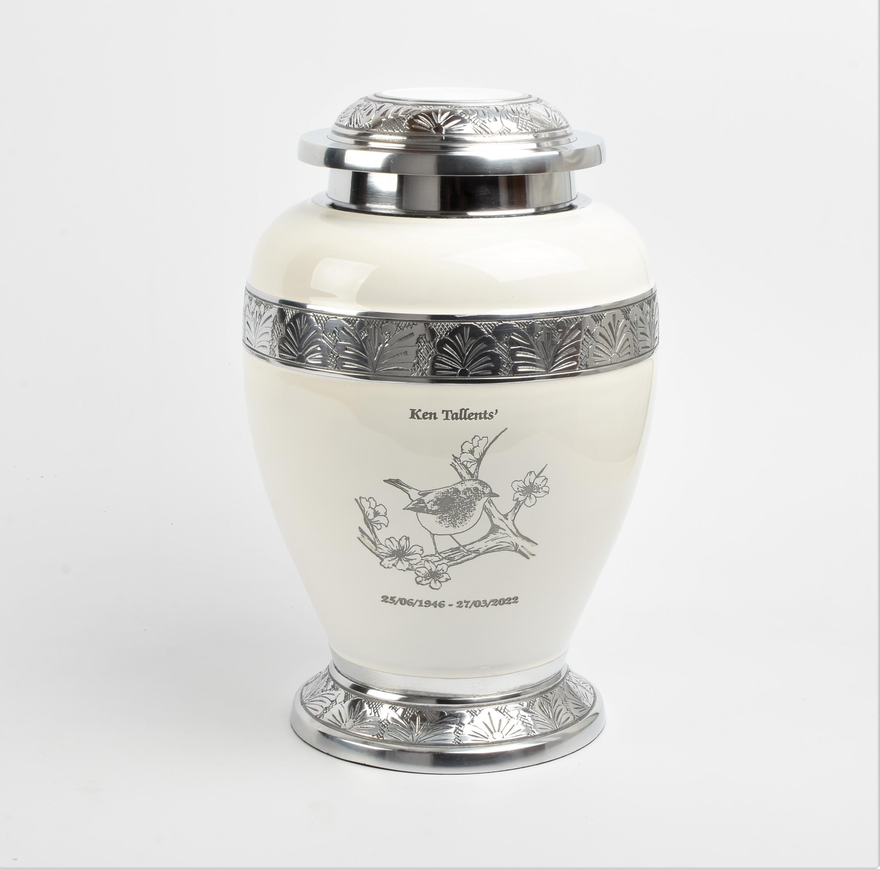 Cremation Urn For Full Adult Funeral Ashes White And Robin And Silver Large Urn Option to Personalise