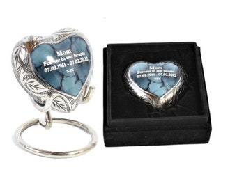 Mini urn for ashes Heart keepsake cremation funeral urn Blue Cloud and silver full personalised
