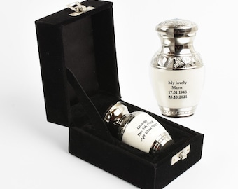 Mini urn for ashes keepsake cremation funeral urn white and silver engraved fully personalised