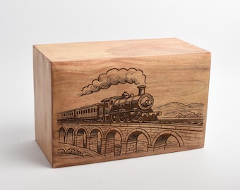 Wooden Urn for Ashes, Adult Memorial Natural Wood Steam Train Casket