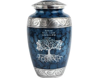 Large Cremation Urn for Ashes Adult, Handmade Aluminium Memorial Urn – Blue Tree Of Life Design