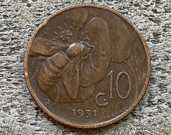 Bee on Flower/ 1930 Italian Ten Centesimi Coin