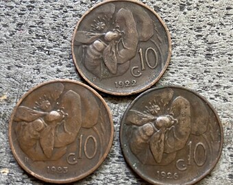 Bee on Flower set - Three Italy 10 Centesimi coins