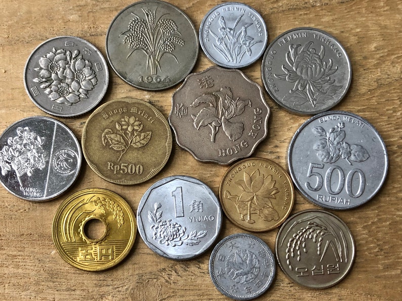 Asian Flower Coin Lot 13 / Japan China Hong Kong Etsy