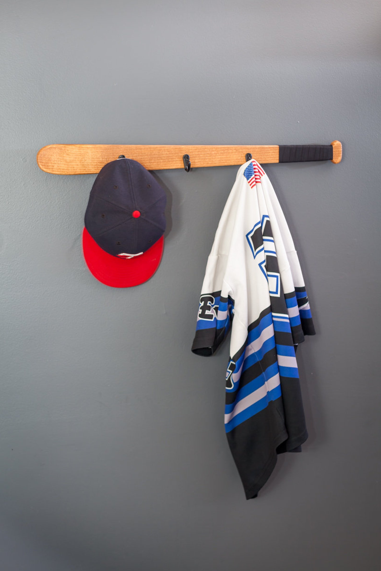 Baseball Bat Coat Rack Hanger. It is Great for Jackets, Hats, and More