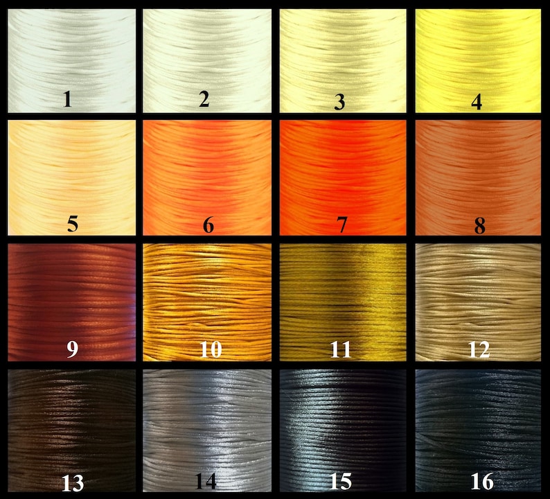 May include: A colour chart of 16 different colours of waxed cord. The colours are arranged in four rows of four. The colours are: white, cream, yellow, orange, peach, gold, brown, beige, dark brown, silver, grey, black, dark grey, and black.