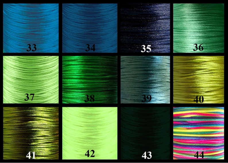 May include: A selection of 12 spools of waxed cotton cord in various colours, including teal, green, and black. The spools are numbered 33 through 44.