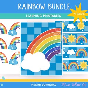 May include: A colorful "Rainbow Bundle" learning printable with rainbows, clouds, and suns. The image includes the text "9 pages" and "Instant Download". The rainbow colors are red, orange, yellow, green, blue, indigo, and violet.