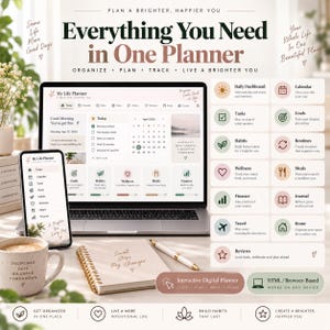May include: A digital planner displayed on a laptop and smartphone screen, featuring a dashboard with calendar, tasks, habits, wellness, meals, and finance sections. Includes a physical notebook, a pen, and a mug with text, plus a list of features.
