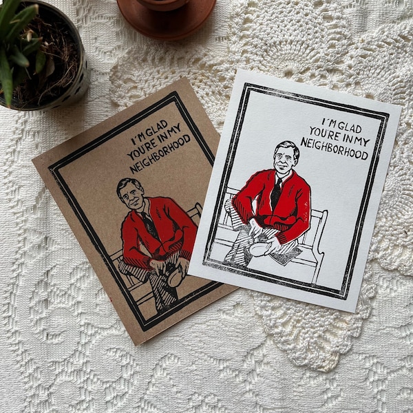 Glad You're in My Neighborhood Card -- Linocut Block Print -- Mr. Rogers -- Pittsburgh -- Valentine -- Hand Printed -- Automatic Earth Art