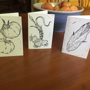 Garden Party Card Set -- Linocut Block Print -- Corn, Garlic, Tomato -- Hand Printed -- Automatic Earth Art