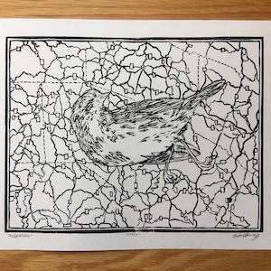 Migration -- Linoldruck -- Spatz -- Hand gedruckt -- Karte -- Automatic Earth Art