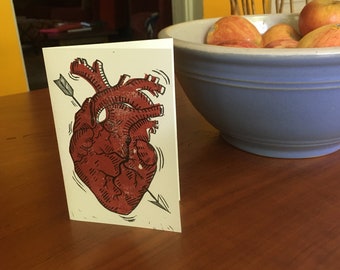 Bleeding Heart Card-- Two-Tone Linocut Block Print -- Hand Printed -- Automatic Earth Art