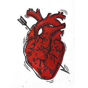 Bleeding Heart -- Two-Tone Linocut Block Print -- Hand Printed -- Automatic Earth Art