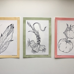 Garden Party Set -- Linocut Block Print -- Corn, Garlic, Tomato -- Hand Printed -- Automatic Earth Art