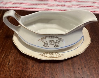 American Limoges 1920s gravy boat and saucer Monogrammed “D”