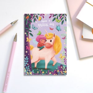Linda tarjeta de cumpleaños, tarjeta de cumpleaños del niño, tarjeta de felicitación de cumpleaños, tarjeta de cumpleaños de unicornio, cumpleañera, día mágico