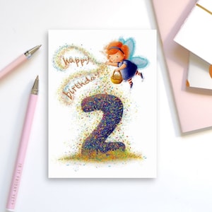 cartão comemorativo, aniversário, menina, 2 anos, festa, feliz aniversário, princesa, fada, confete, colorido