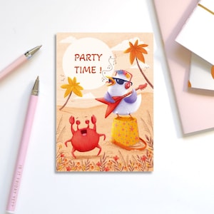 Tarjeta de cumpleaños divertida, fiesta, playa, tiempo de fiesta, cumpleaños de niño, cumpleaños, cumpleaños de amigos, guitarra, animales marinos, verano, graduación