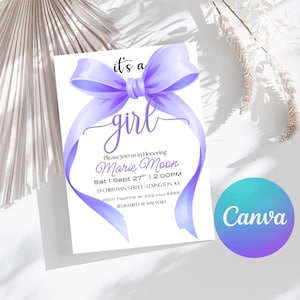 Purple Bow Baby Shower Invitation: Girl, Editable Template (Digital Download