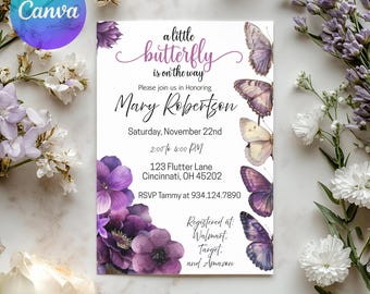 Purple Butterfly Baby Shower Invitation Template: Editable Girl Invite (Digital Download)
