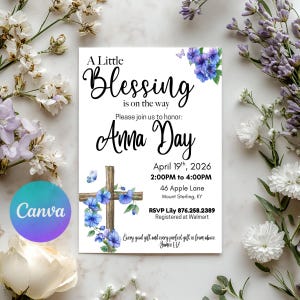 Little Blessing Baby Shower Invite Template | Faith Baby Shower | Purple Floral Invite | Cross Invite | Neutral Baby Shower Invitation