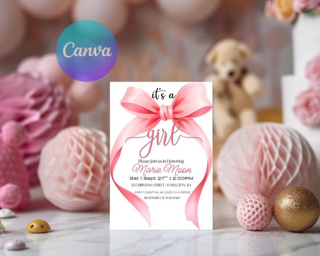 Pink Bow Baby Shower Invitation Template: Editable Girl Invite (digital ...
