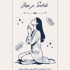 May include: A beige graphic featuring a woman in prayer, with the text "STEEK - TEEKA Jap ji Sahib" in dark blue script. The name "SIMRANJIT SINGH" is below, with the phrase "SIMPLE AND EASY TO UNDERSTAND" at the bottom. The top reads "#1 TEEKA IN THE WORLD ENGLISH LANGUAGE".