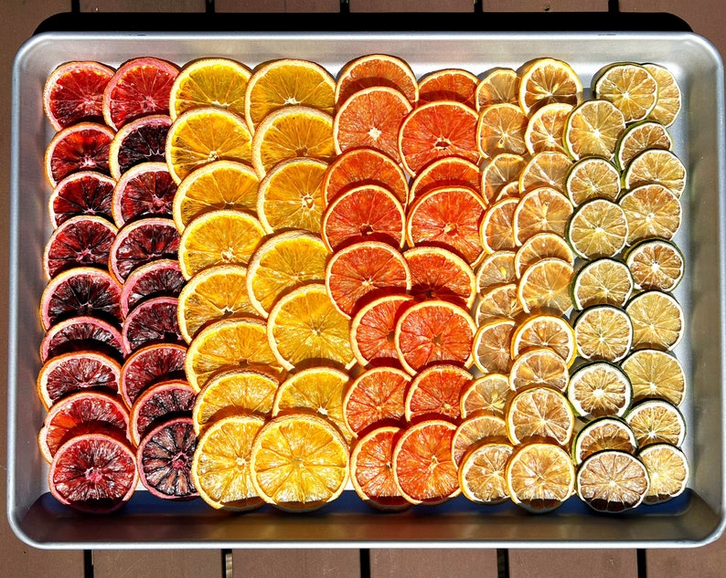 K&ouml;nnte beinhalten: Ein Backblech gef&uuml;llt mit getrockneten Zitrusscheiben. Die Scheiben sind in einem Farbverlauf von Rot &uuml;ber Orange bis Gelb angeordnet. Die Zitrusscheiben sind in Reihen angeordnet, wobei die roten Scheiben oben und die gelben Scheiben unten liegen.