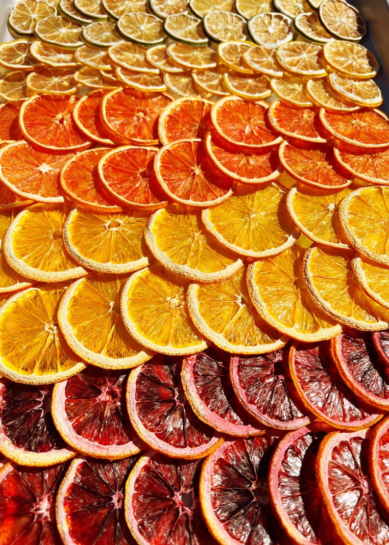 K&ouml;nnte beinhalten: Nahaufnahme einer Auswahl getrockneter Zitrusfr&uuml;chtescheiben, die in einem Regenbogenmuster angeordnet sind. Die Scheiben sind in Reihen angeordnet, beginnend mit Limette, dann Zitrone, Orange und schlie&szlig;lich Blutorange.