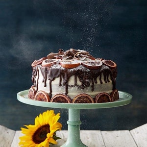 K&ouml;nnte beinhalten: Ein Schokoladenkuchen mit Orangenscheiben und Schokoladen&uuml;berzug auf einem hellblauen Kuchenst&auml;nder. Der Kuchen ist mit Puderzucker best&auml;ubt und im Vordergrund befindet sich eine Sonnenblume.