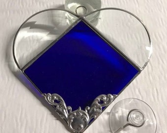 Stained Glass Heart Suncatcher, Light Blue, Purple or Dark Blue Center, Silver Embellishment, Made In The USA