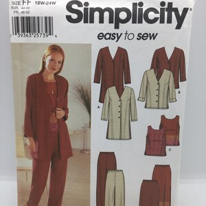 May include: Simplicity sewing pattern number 7186 for sizes 18W-24W. The pattern includes instructions for making a jacket, top, and pants. The pattern is shown on a white background with a model wearing the finished garments.