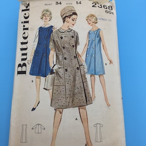 2368 Vintage 1960&#39;s Butterick Maternity Sewing Pattern Misses Dress,Jumper & Blouse   Size 14  Bust 34  Cut with Instructions