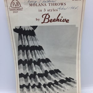 Vintage 1960's Paton #2027 Ulotka Molana Throws w 3 stylach od Beehive Eyelet Squares, Basket Stitch i Feather and Fan