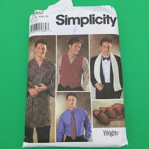 May include: A sewing pattern for men's clothing, including a robe, vest, shirt, and slippers. The pattern is from Simplicity and includes instructions for sizes S, M, L, and XL.